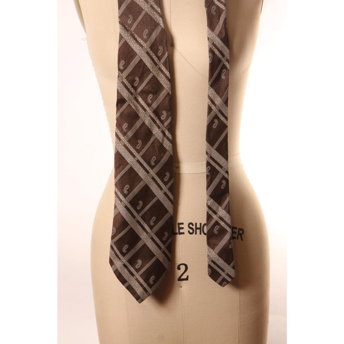 1970s Dark Brown and Tan Plaid and Paisley Wide Necktie Tie by JCPenney