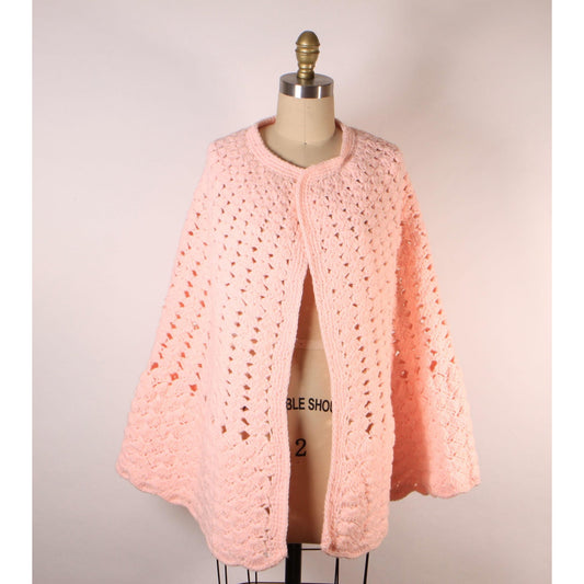 Late 1960s Early 1970s Pastel Pink Crochet Shawl Wrap