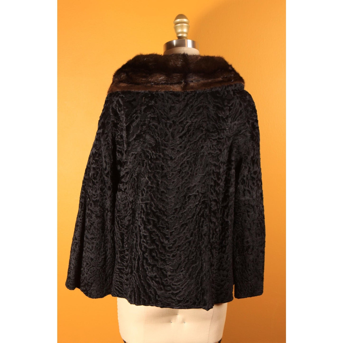 1950s Black Persian Lamb and Brown Mink Fur Trim Coat by Parker -M-L