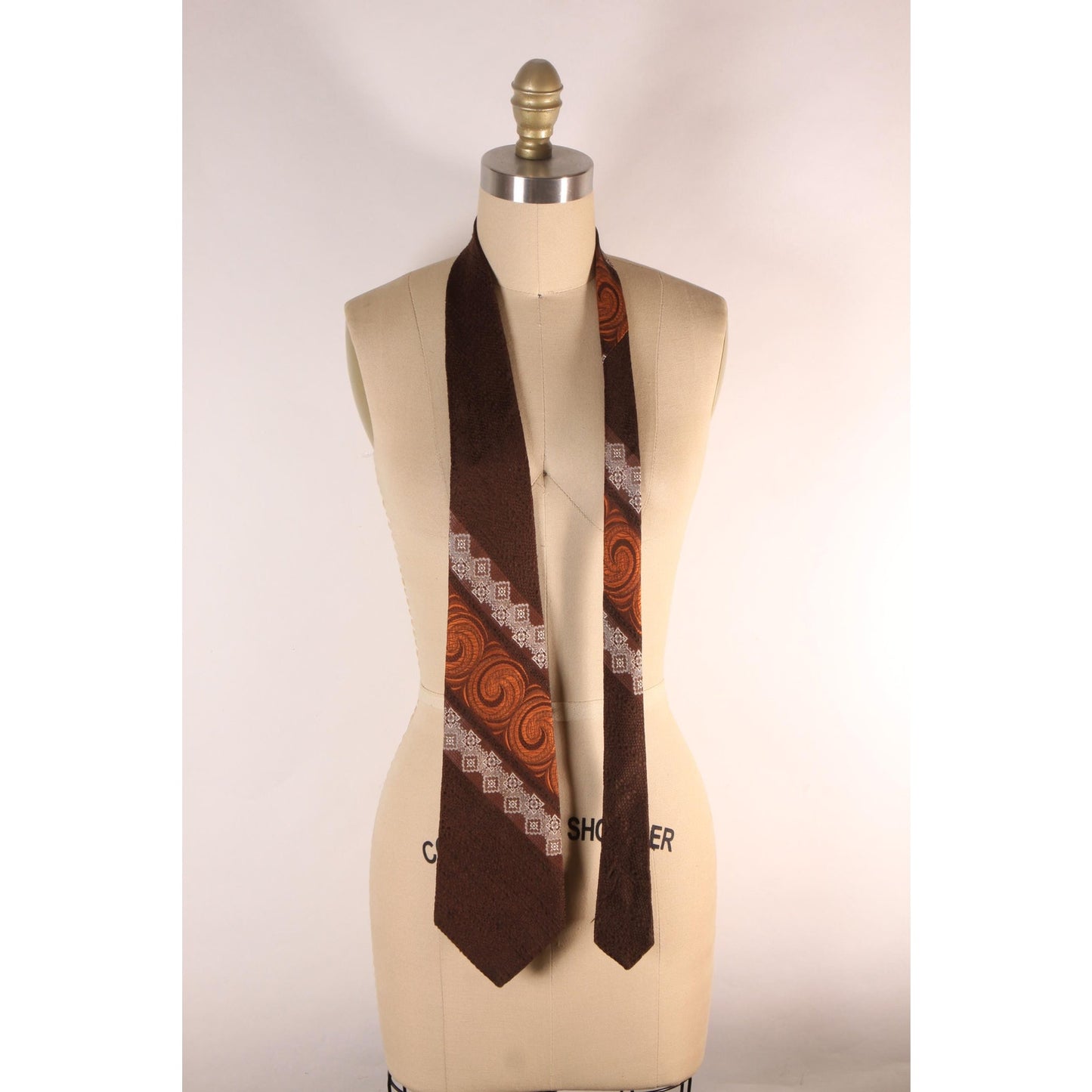 1960s Brown, Orange and Tan Striped Abstract Swirl Necktie Tie