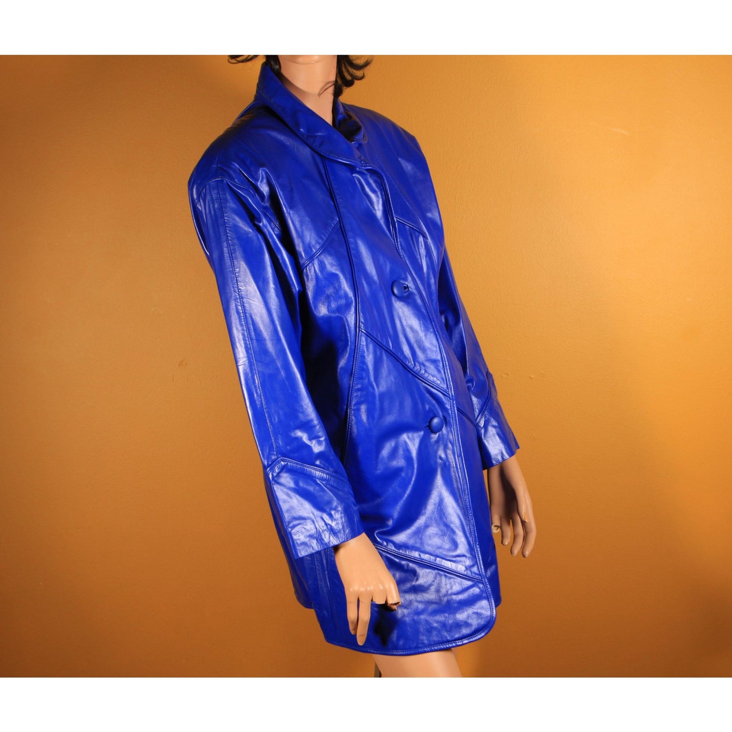 1980s Bright Blue Leather Button Down Long Sleeve Coat by Comint Leather -S