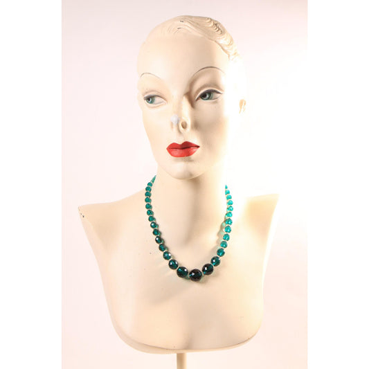1950s Emerald Green and Clear Glass Faceted Graduated Formal Beaded Necklace