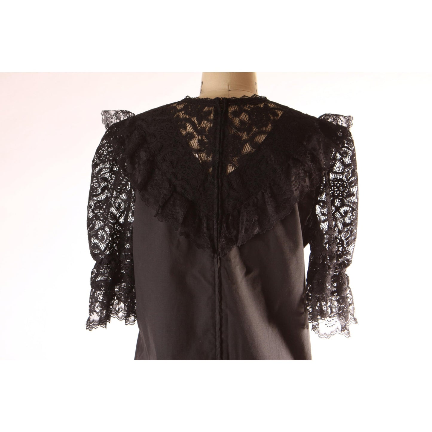 1970s Early 1980s Black Sheer Lace Puffy Sleeve Square Dance Gothic Blouse by Square Up -S