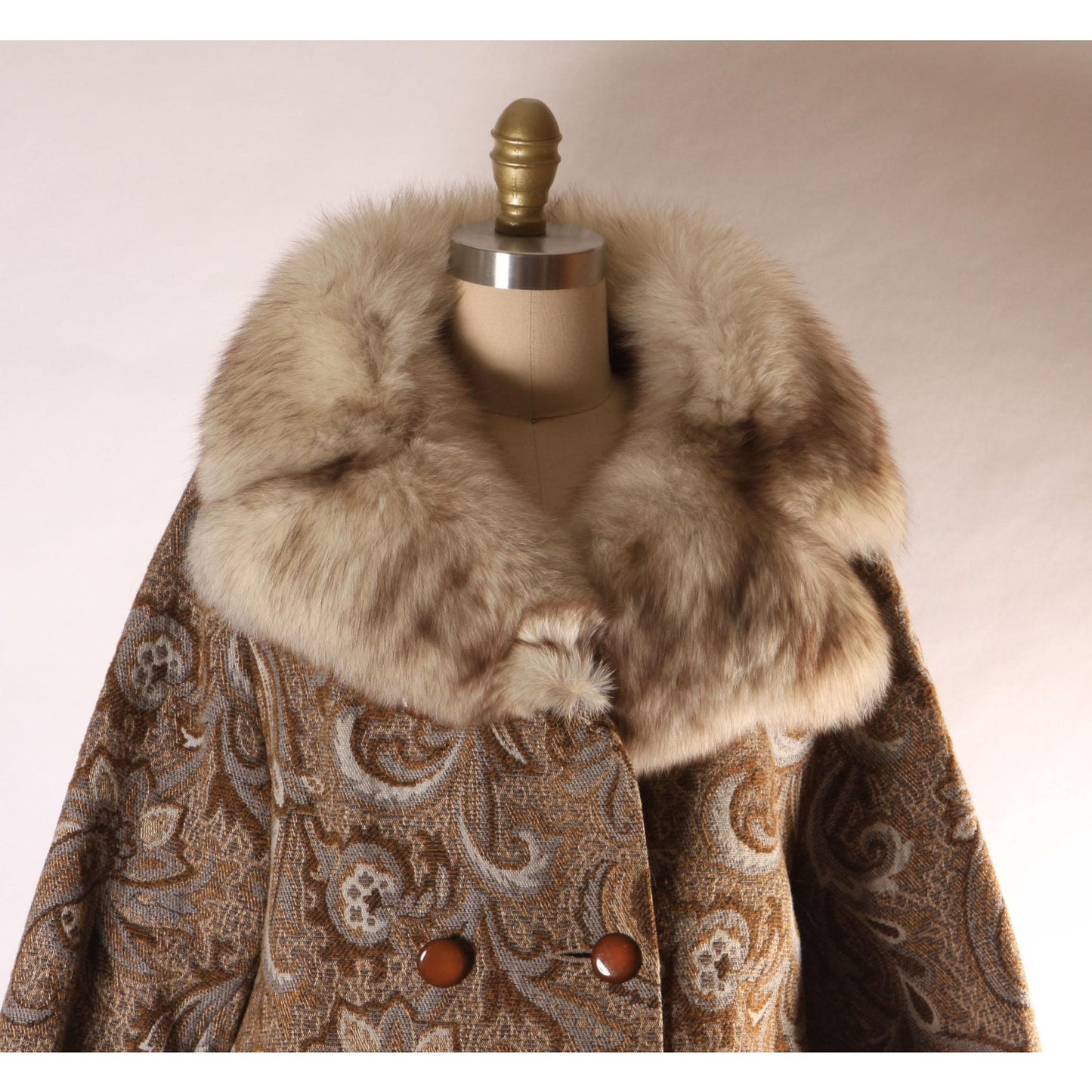 1960s Brown and Blue Gray Swirl Paisley Tapestry Fox Fur Collar Carpet Coat