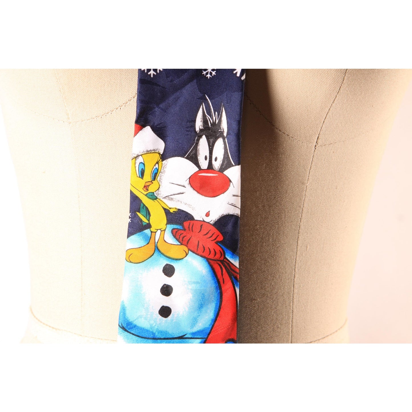 1990s Blue Novelty Tweety Bird and Sylvester Snowman Necktie by Looney Tunes Mania