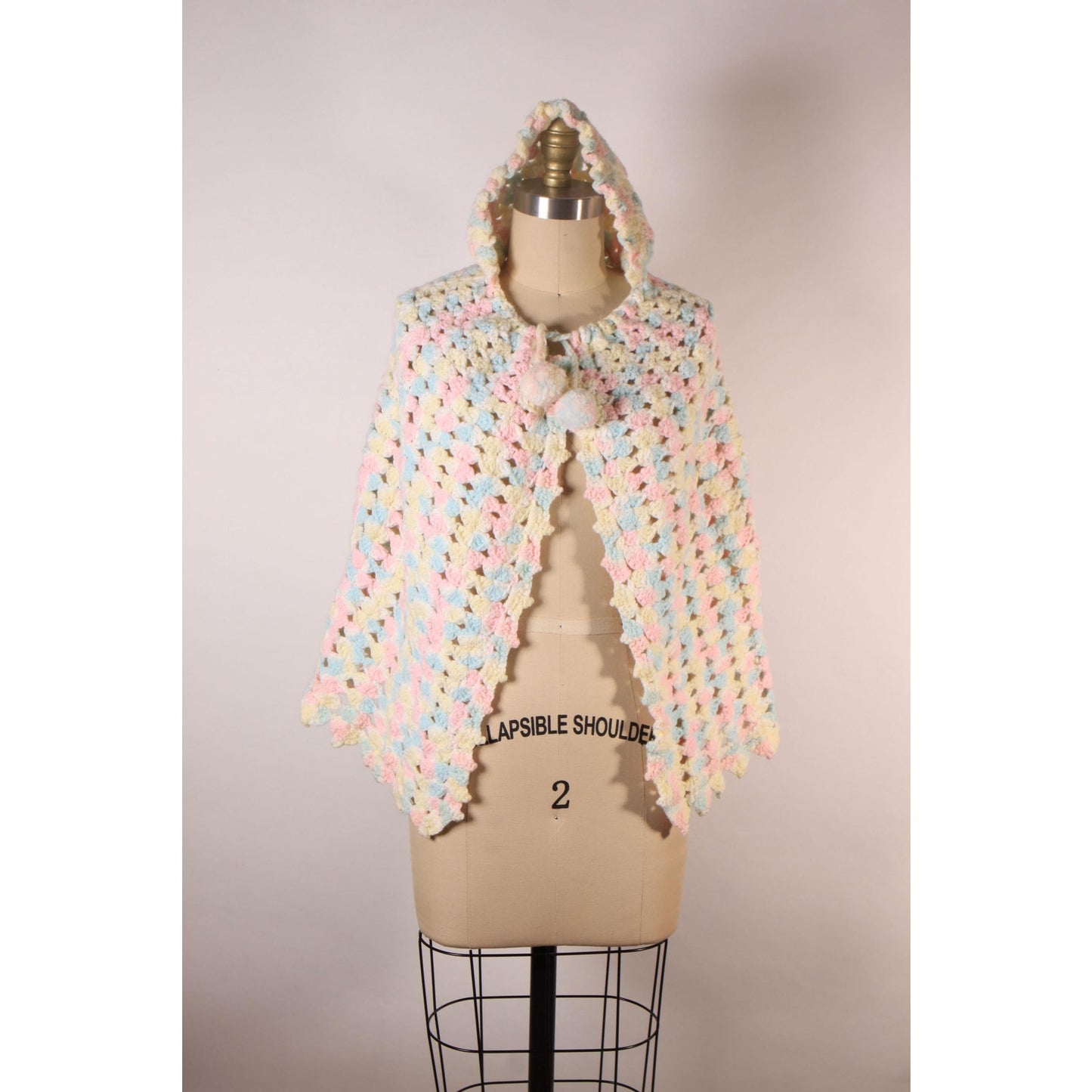 Late 1960s Early 1970s Pastel Pink, Blue and Yellow Crochet Pom Pom Hooded Hood Shawl Wrap