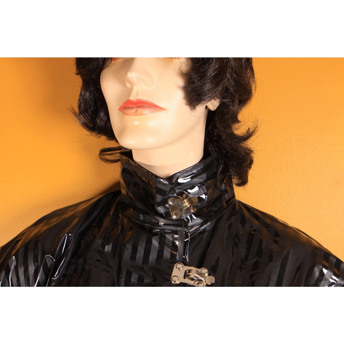 1980s Black Striped Long Sleeve Vinyl Metal Hardware New Wave Goth Raincoat by Waterfalls