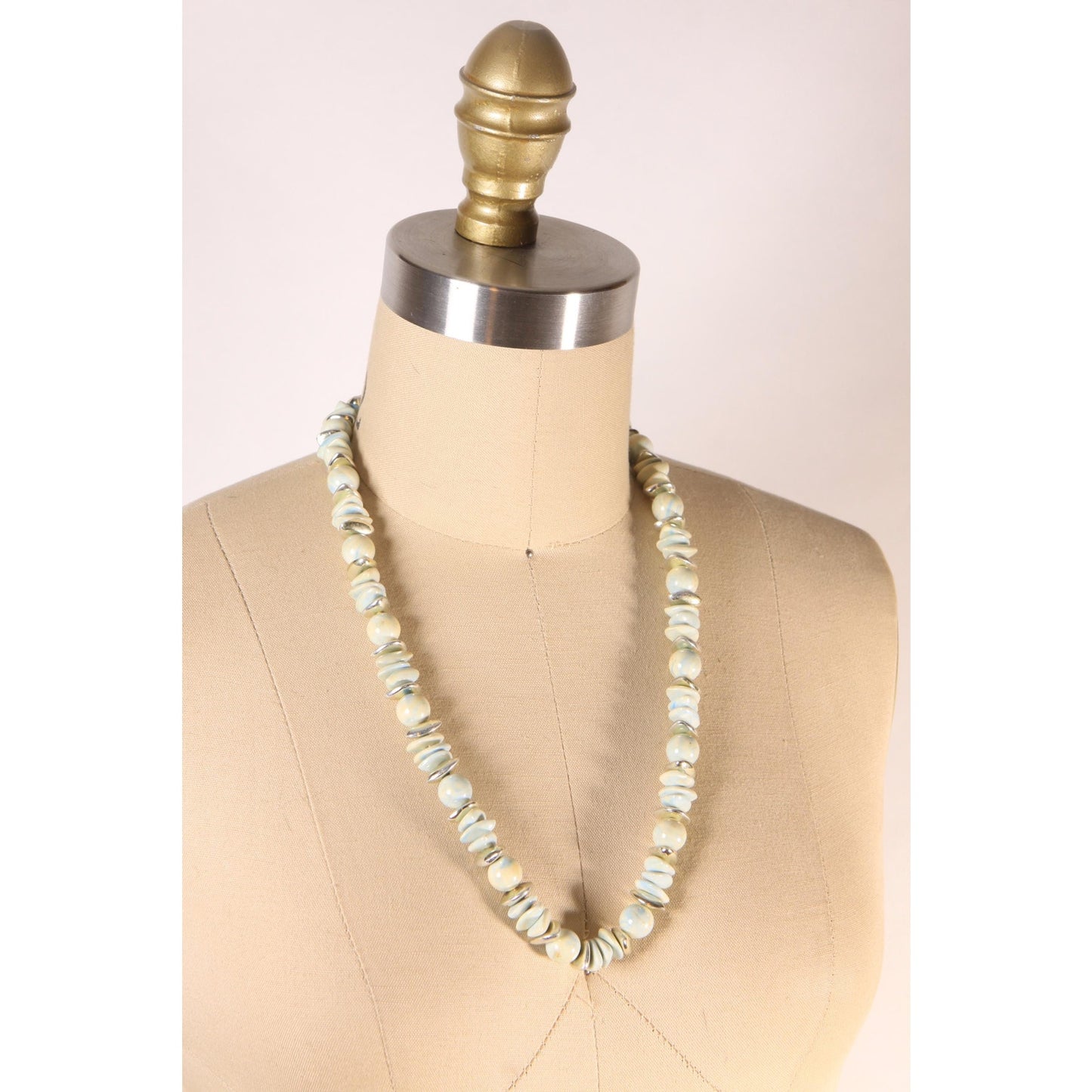 1980s Mint Blue, White and Silver Swirl Beaded Necklace