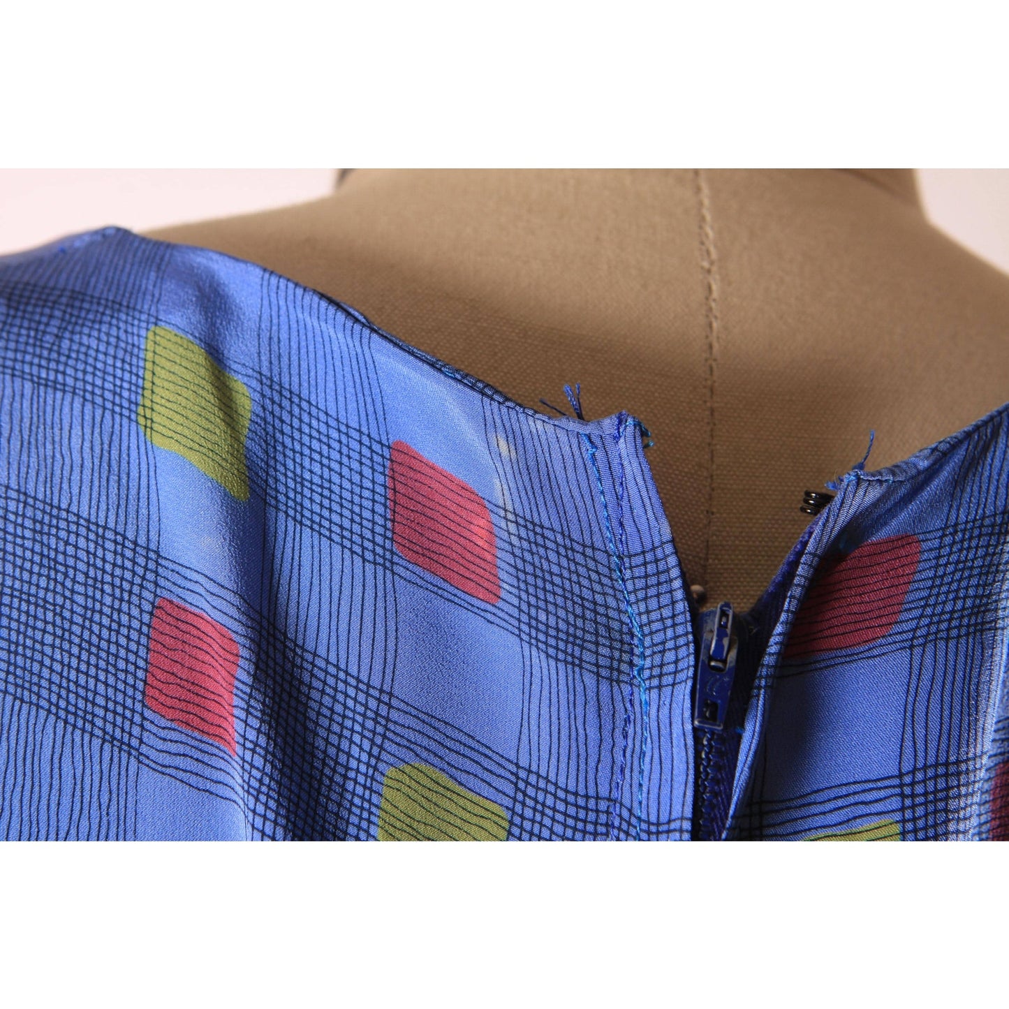 1970s Long Sleeve Blue, Black, Red and Yellow Asymmetrical Drop Waist V Neck Geometric Plaid Dress by Valentino