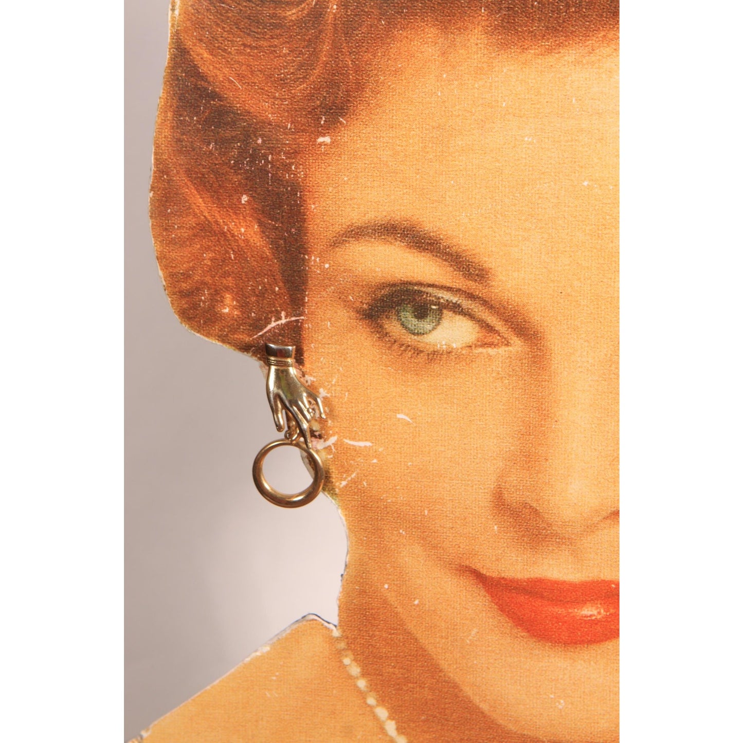 1950s Gold Tone Metal Novelty Hand and Circle Hoop Screw Back Earrings
