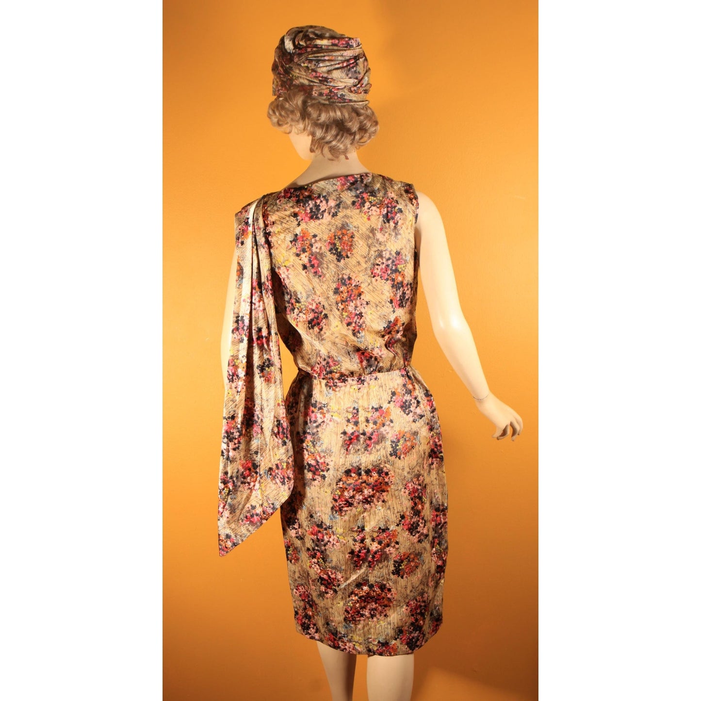 1950s Gray and Purple Floral Waterfall Sash Wiggle Dress with Matching Jacket and Hat Three Piece Outfit by Letizia Fuhr -S