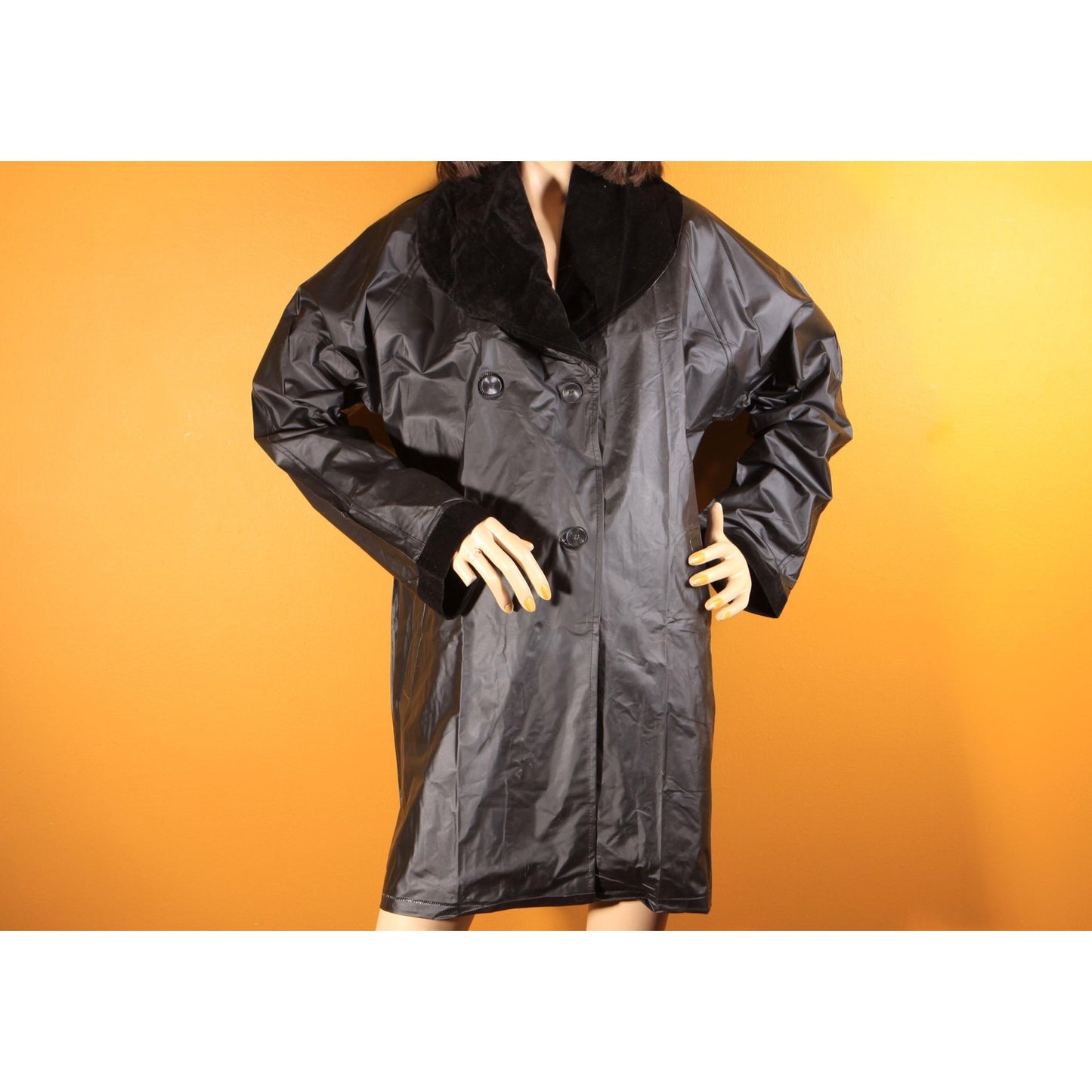 1980s Black Vinyl Velvet Trim Button Down Raincoat -XL