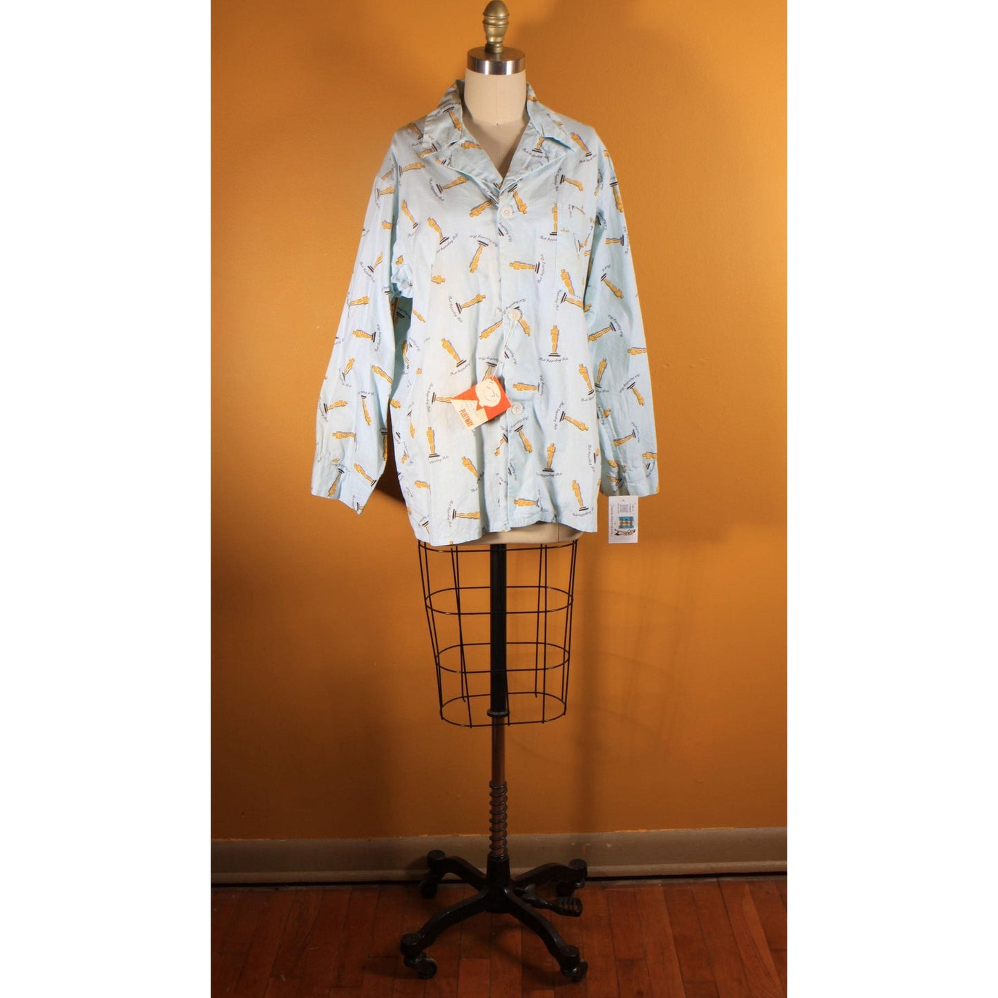 Deadstock 1950s Novelty Blue, Gold and Black Best Supporting Role Oscar Mens Pajama Top by Pleetway -XL