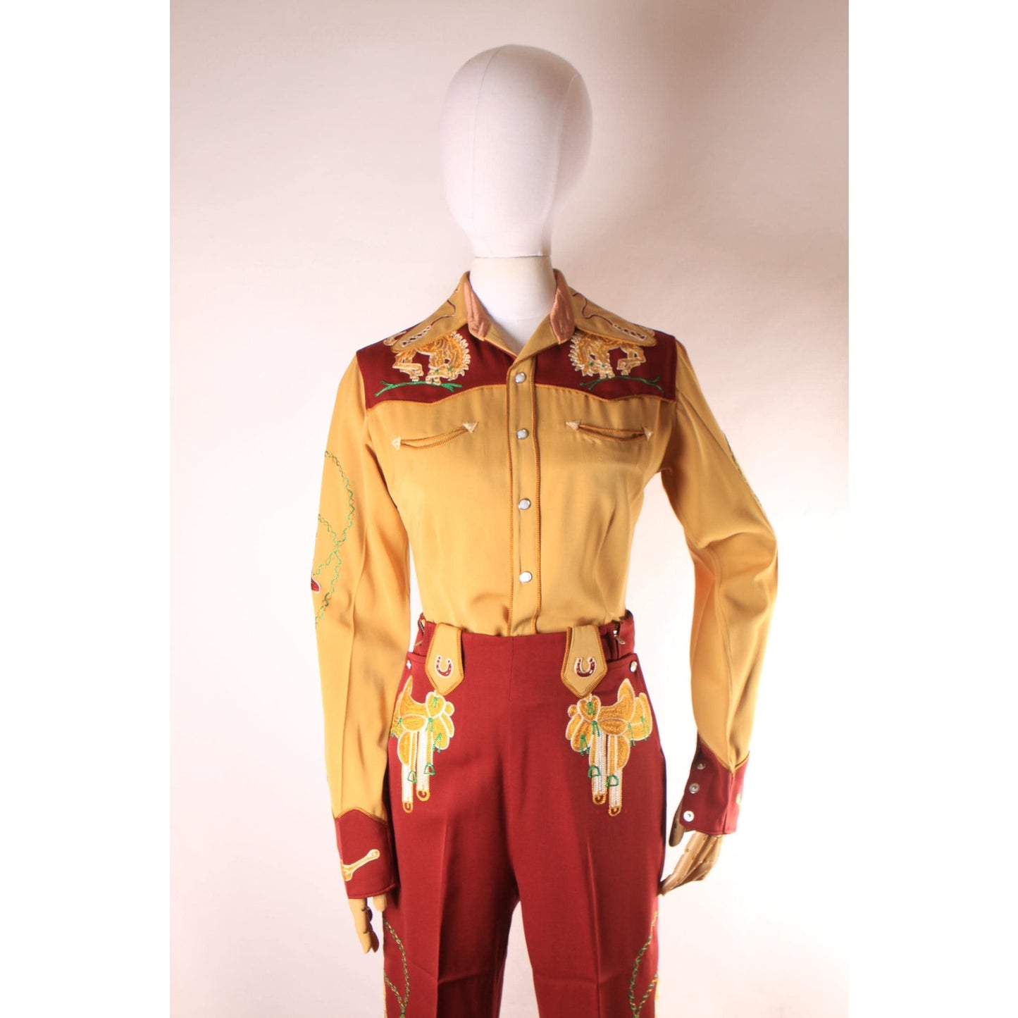 1940s 1950s Brown Cowgirl Novelty Horse Saddle Boots Longhorn High Waisted Pants and Pearl Snap Blouse Western Two Piece Outfit by Frontex