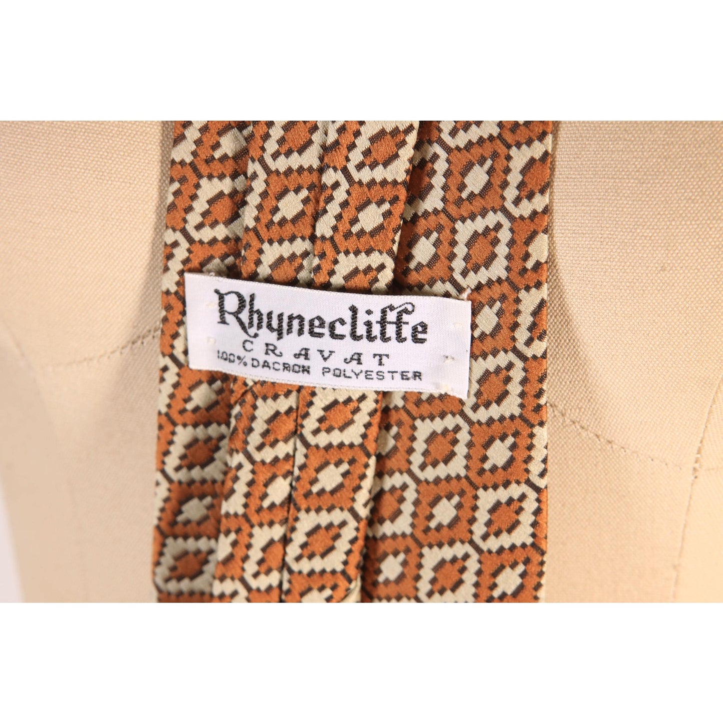 1960s Brown and Cream Off White Geometric Clip On Necktie Tie by Rhynecliffe