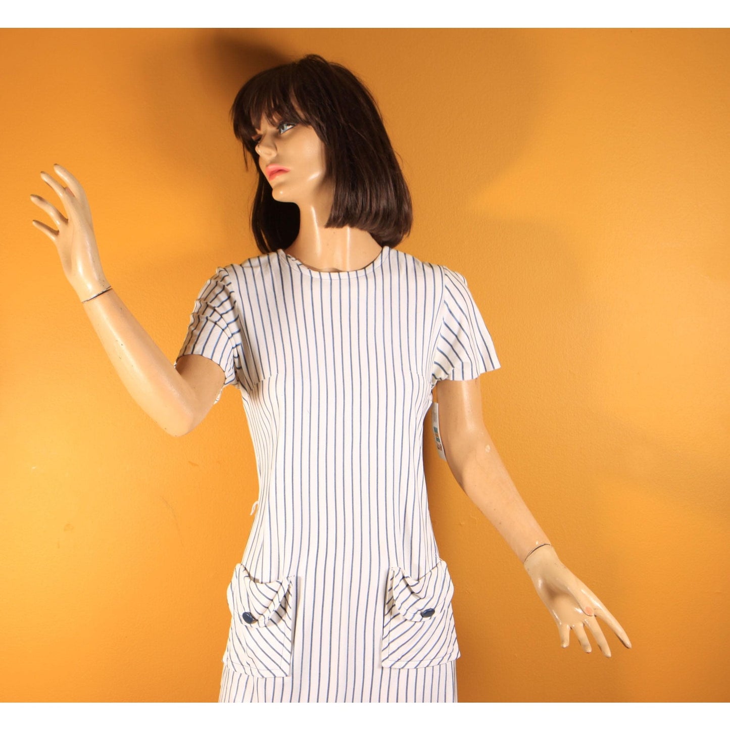 1960s White and Blue Striped Pocket Short Sleeve Dress