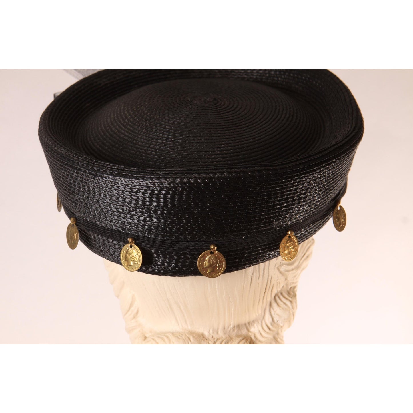 1980s Black and Gold Novelty Coin Avant Garde Pillbox Hat by Ethel Cross