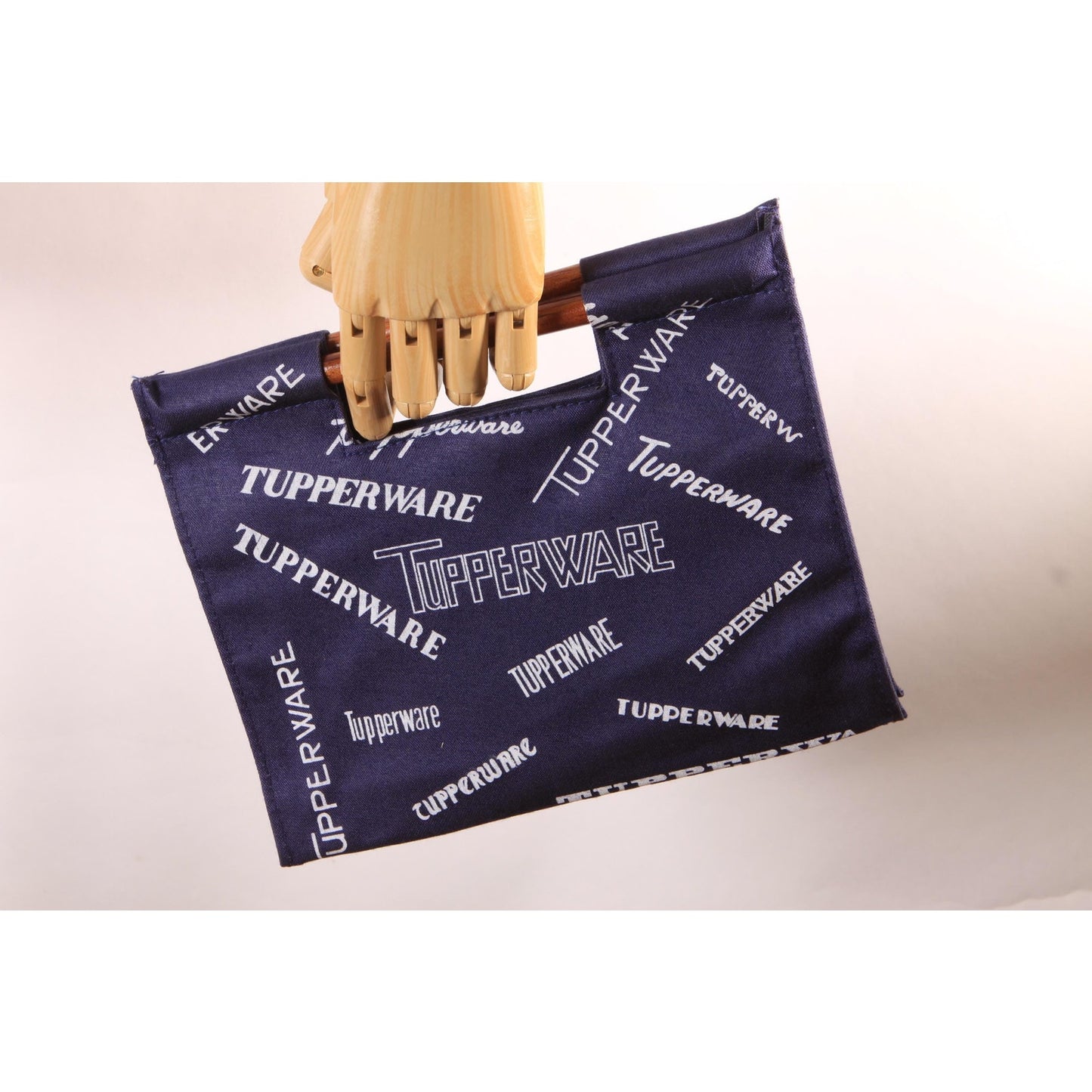 Deadstock 1970s Navy Blue and White Novelty Tupperware Advertisement Wood Top Handle Purse Bag