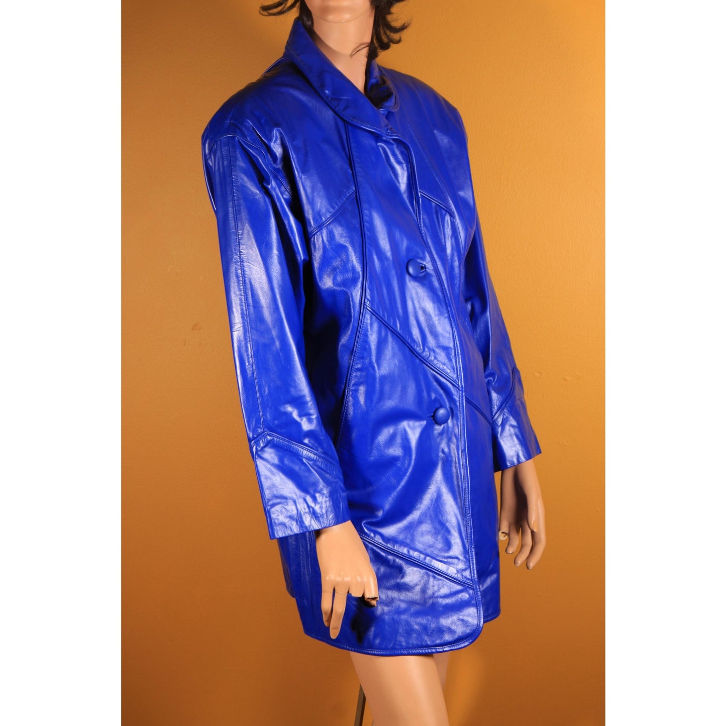 1980s Bright Blue Leather Button Down Long Sleeve Coat by Comint Leather -S