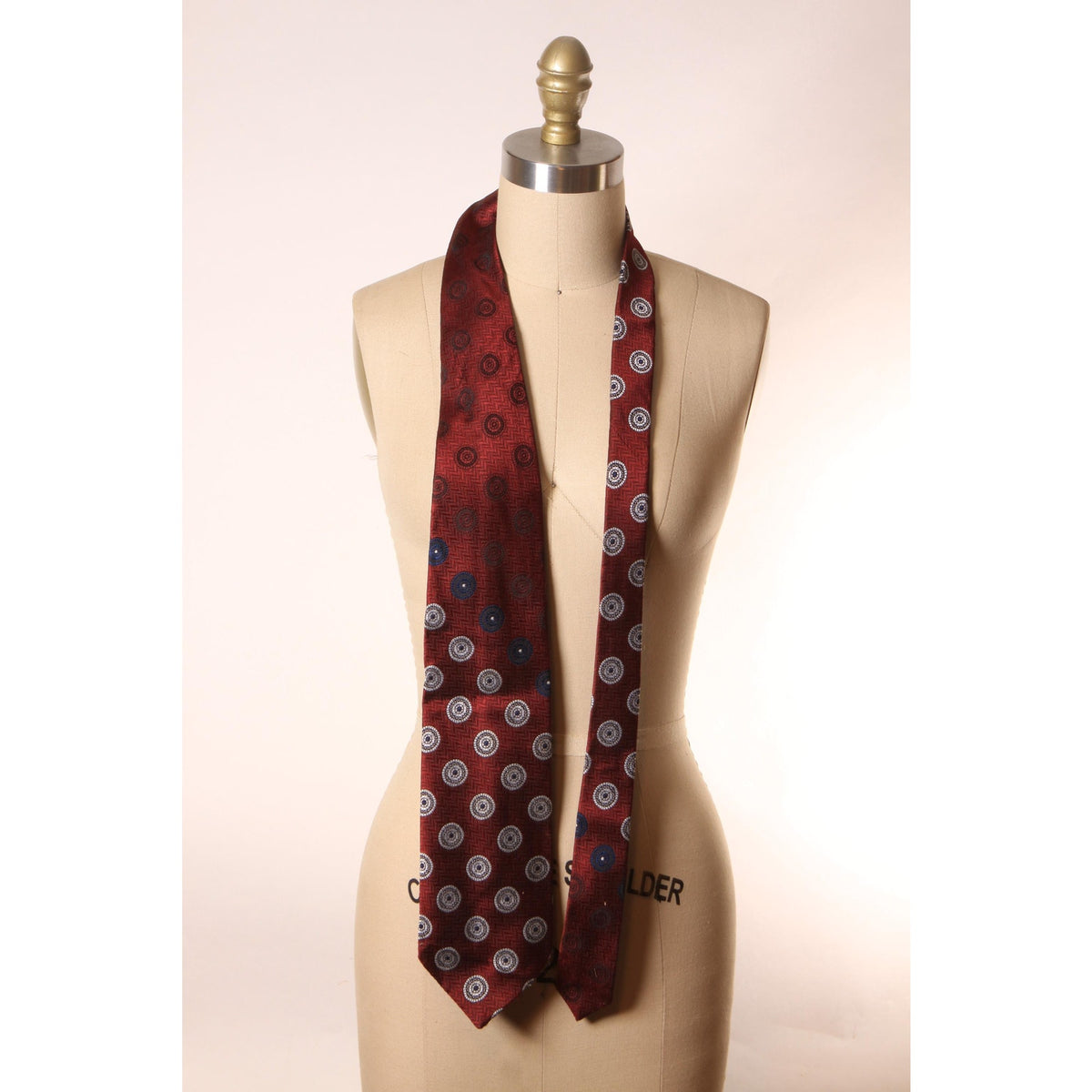 1970s Dark Red, Navy Blue and White Polyester Geometric Circle Wide Necktie Tie by Marx by Damon