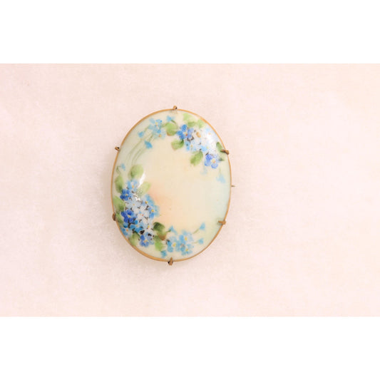 Antique Victorian 1800s Cream, Blue and Green Floral Hand Painted Porcelain Brooch
