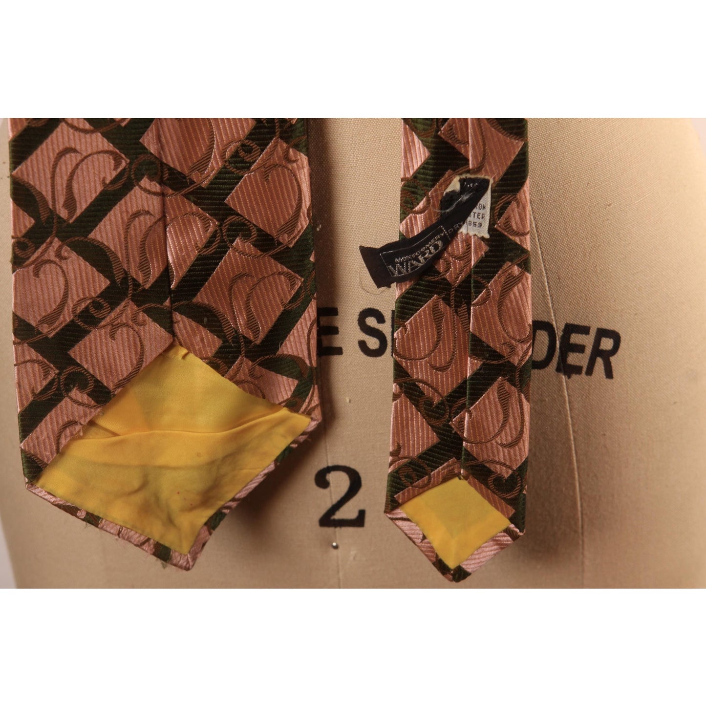 1970s Forest Green, Gold and Tan Plaid Swirl Wide Necktie Tie by Montgomery Ward