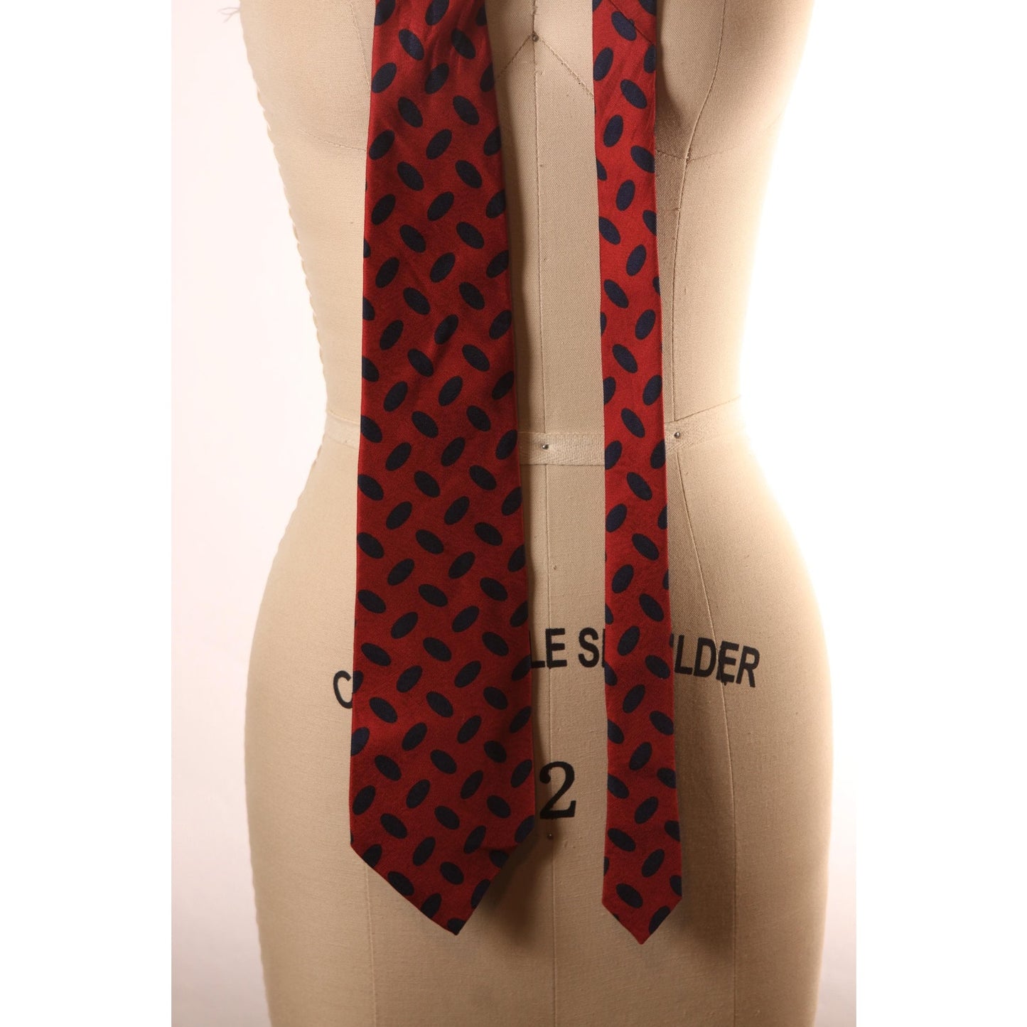 1980s Dark Red and Navy Blue Dot Print Necktie Tie by Coach
