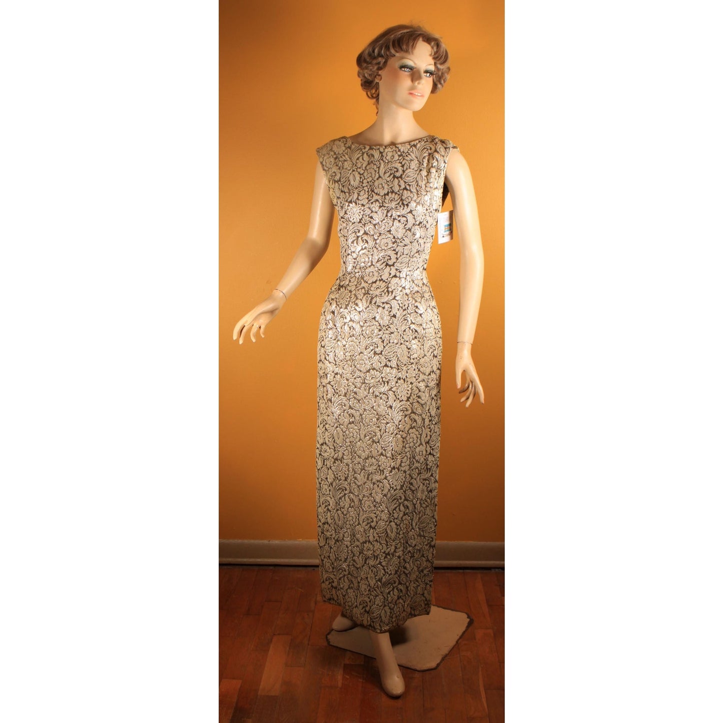 Early 1950s Gold & Brown Lurex Floral Mink Fur Trim Sleeveless Cocktail Dress with Matching Cropped Jacket and Muff by Terry Allen Original