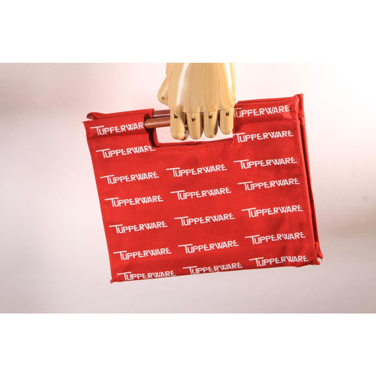 Deadstock 1970s 1980s Red and White Novelty Tupperware Advertisement Wood Top Handle Bag Purse