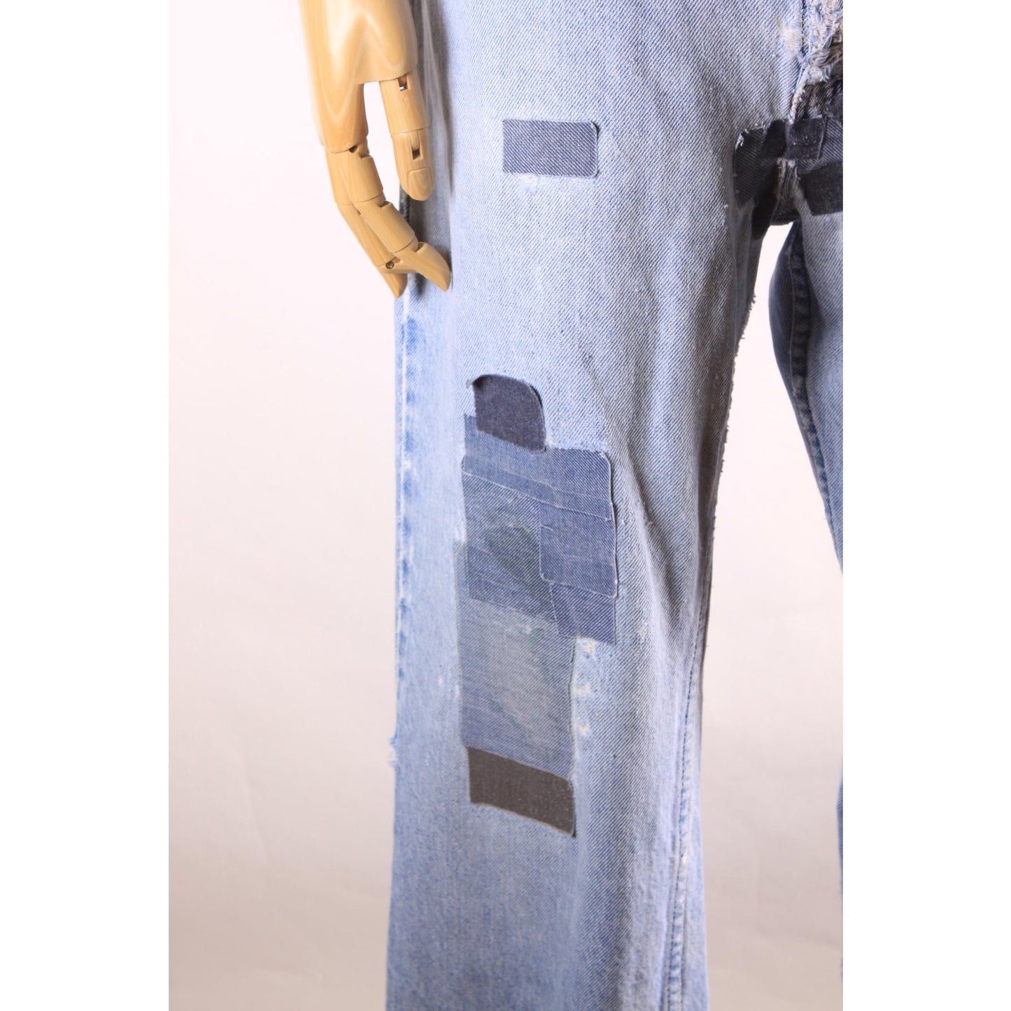 1980s Distressed Patch Fraying Blue Denim Orange Tab 517 Jeans by Levi's -38x30