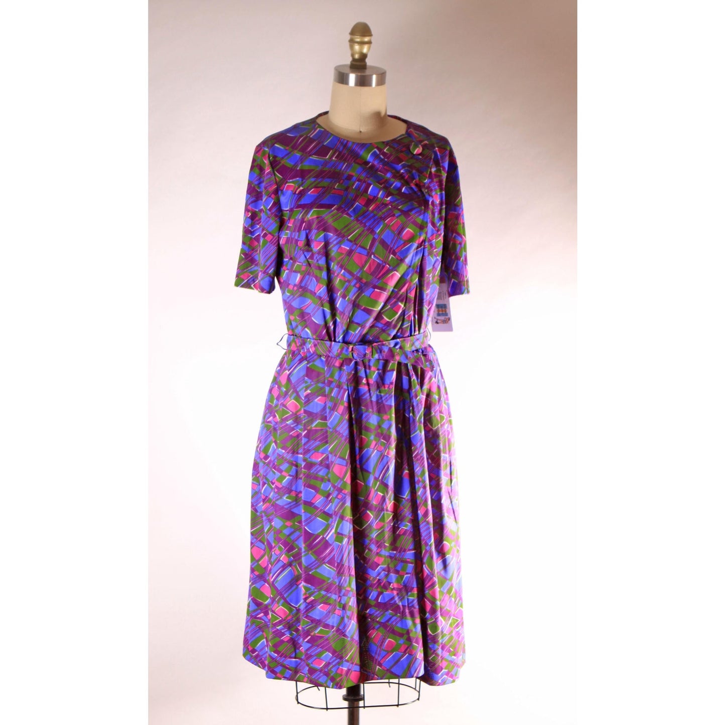 1960s Purple, Pink and Green Abstract Plaid Psychedelic Short Sleeve Belted Dress by Casualmaker -L