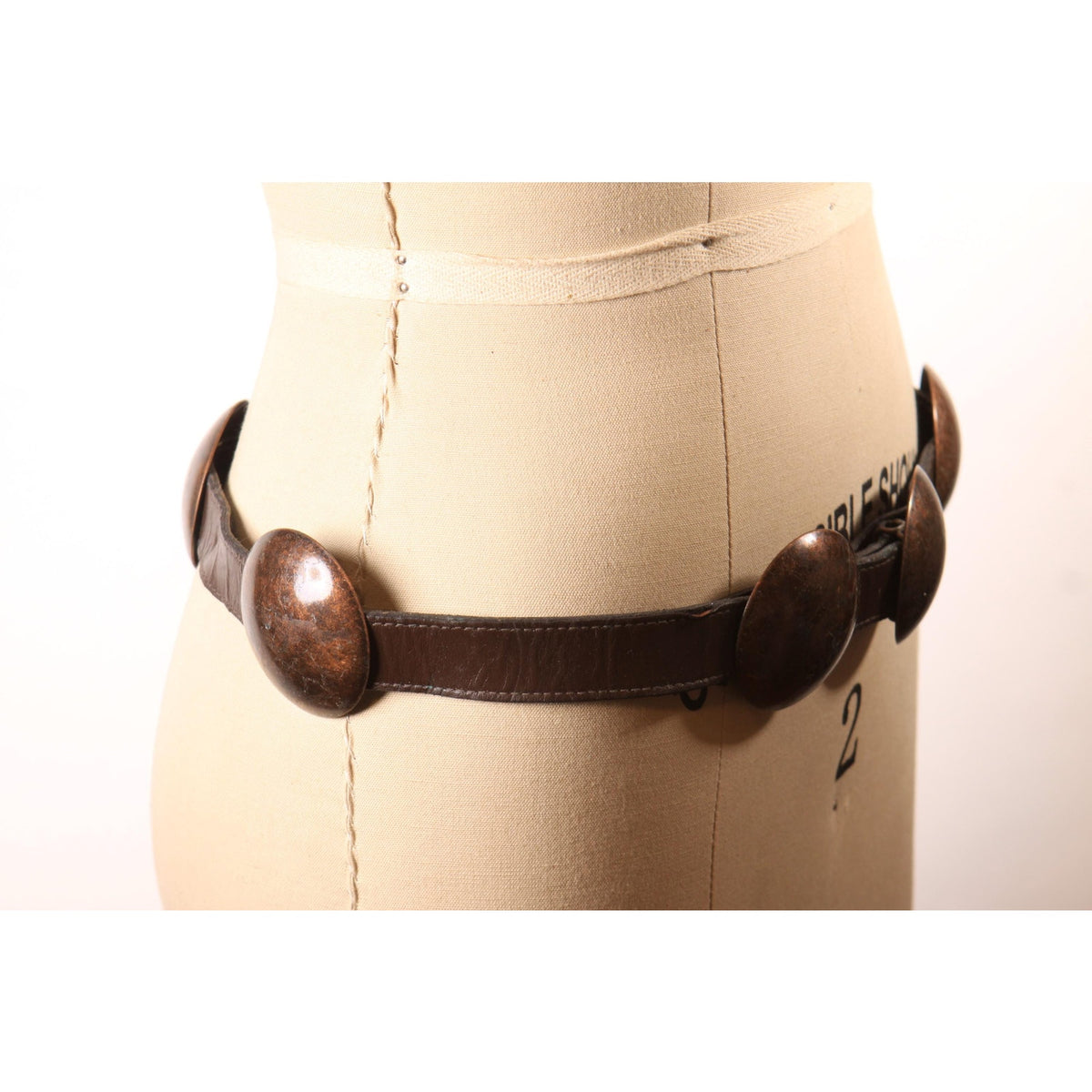 1980s Dark Brown Leather and Brass Copper Metal Tone Concho Circle Chunky Belt by R.J. Graziano