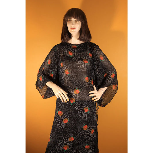 1970s Black, White and Red Novelty Spiderweb and Roses Print Sheer Dress by Saba -S