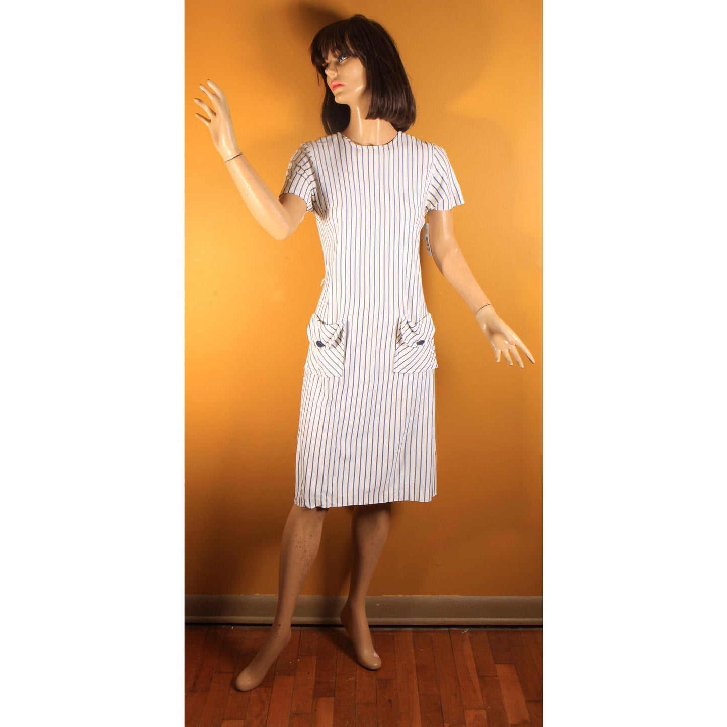 1960s White and Blue Striped Pocket Short Sleeve Dress
