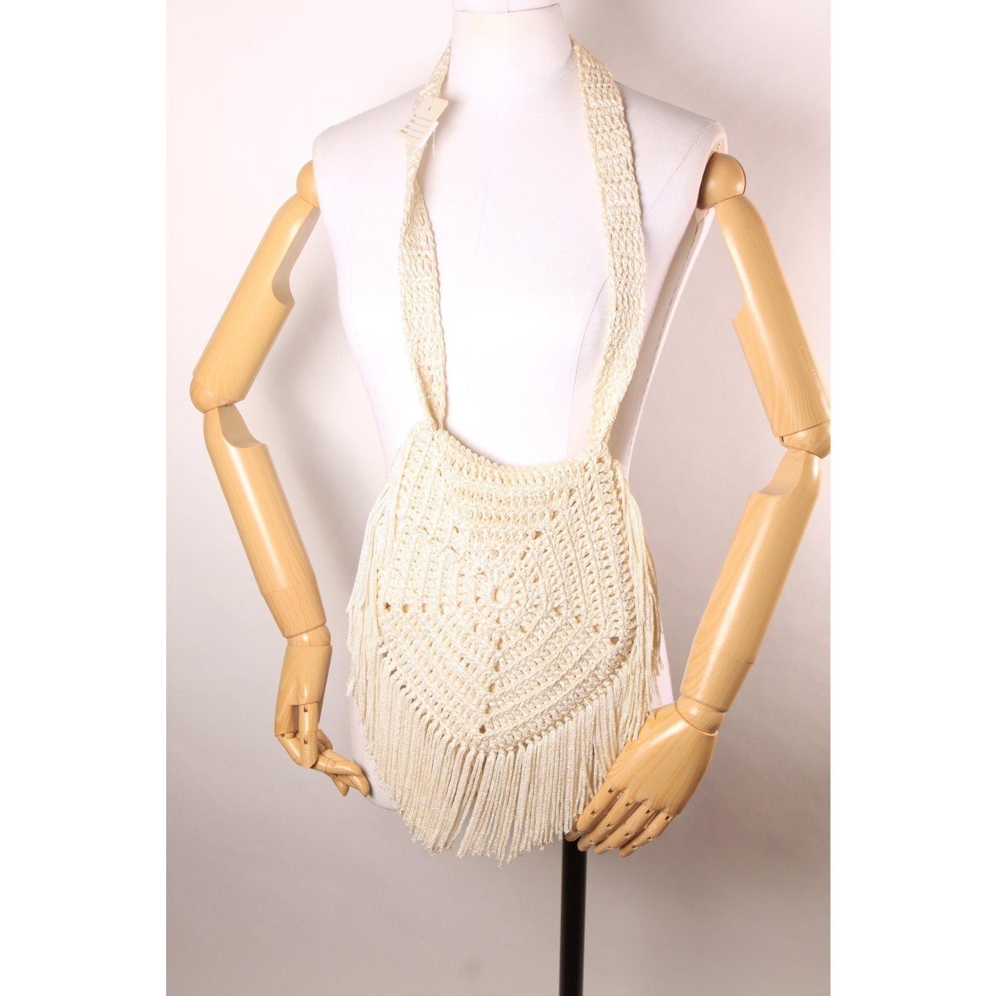 Deadstock 1970s Cream Off White Crochet Fringe Boho Hippie Shoulder Strap Purse