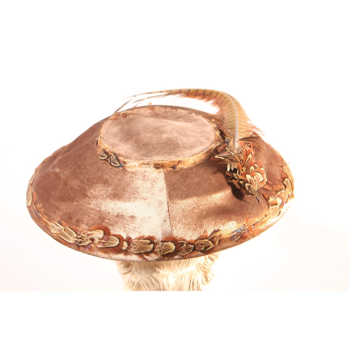 1940s Brown Velvet Pheasant Feather Wide Brim Hat by Win Wagoner