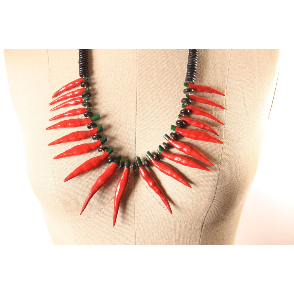1970s 1980s Black and Red Wood Beaded Novelty Hot Chili Peppers Necklace