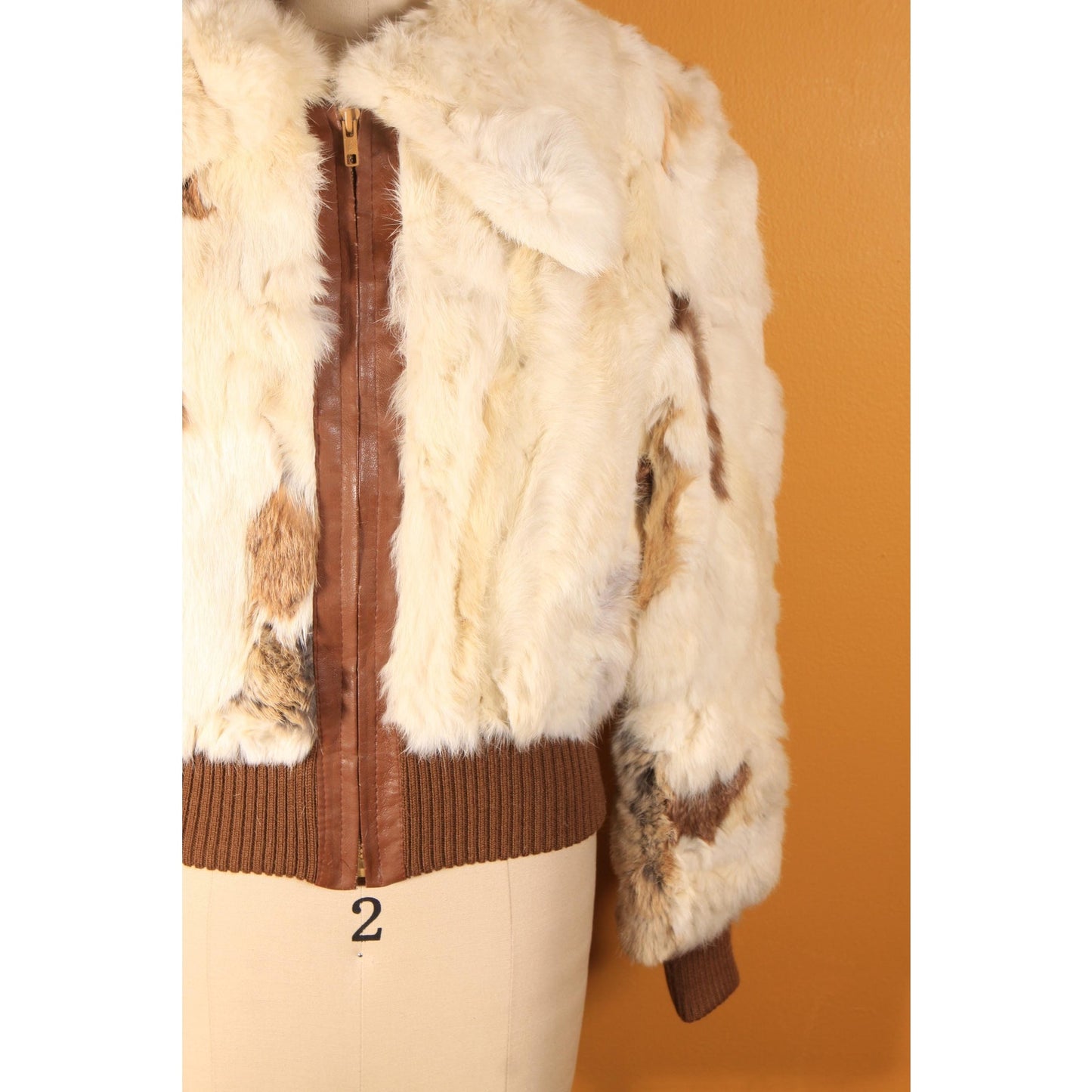 1970s White, Cream, Gray and Brown Multi-Colored Patchwork Rabbit Fur Cropped Coat -S