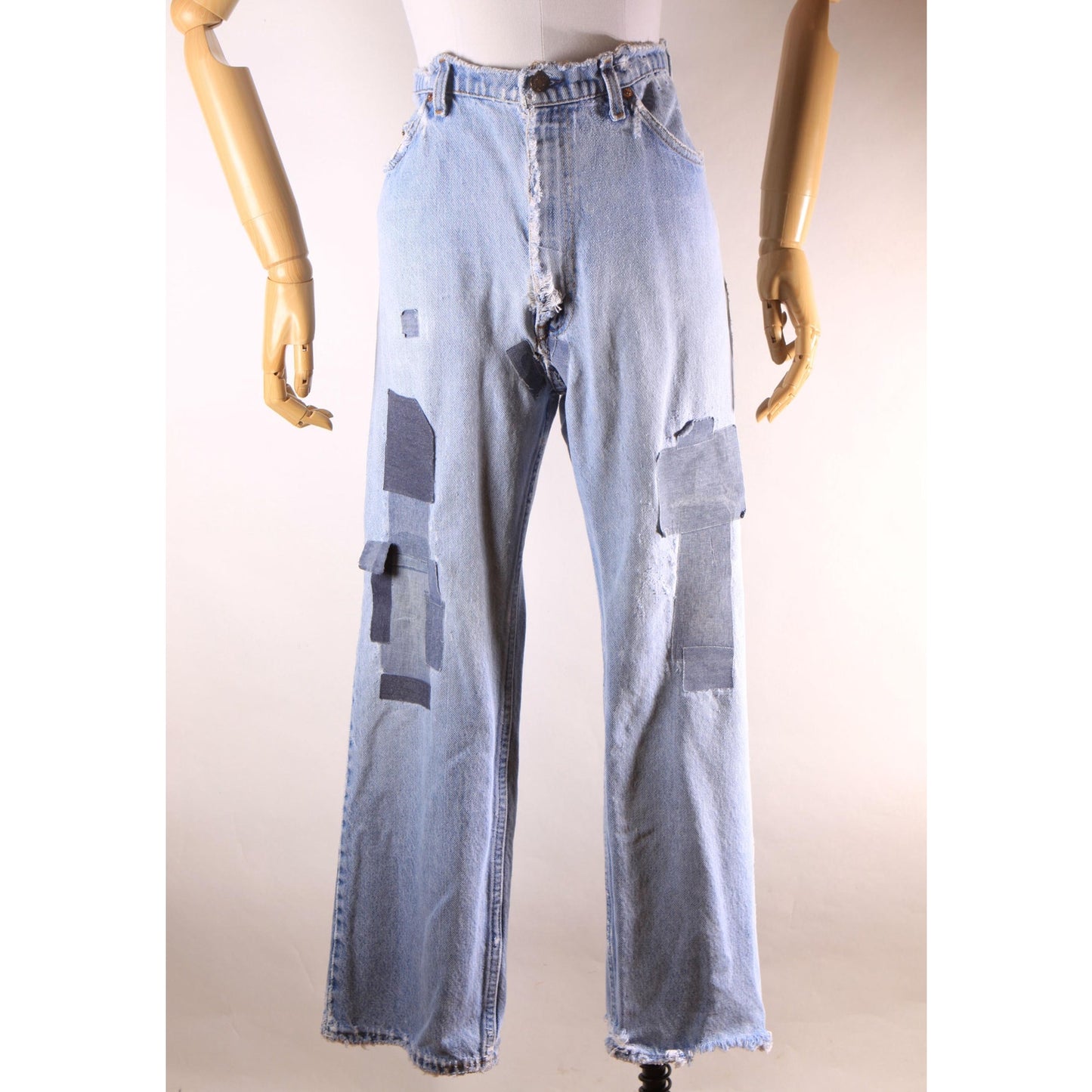 1980s Distressed Patch Fraying Blue Denim Orange Tab 517 Jeans by Levi's -38x30