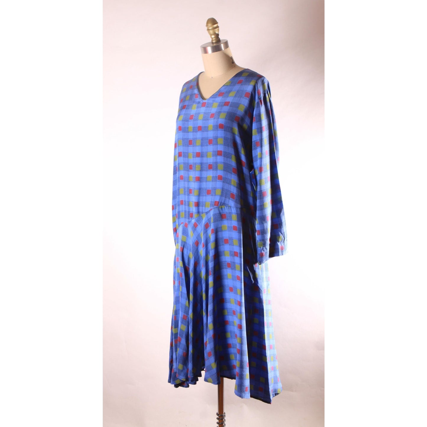 1970s Long Sleeve Blue, Black, Red and Yellow Asymmetrical Drop Waist V Neck Geometric Plaid Dress by Valentino