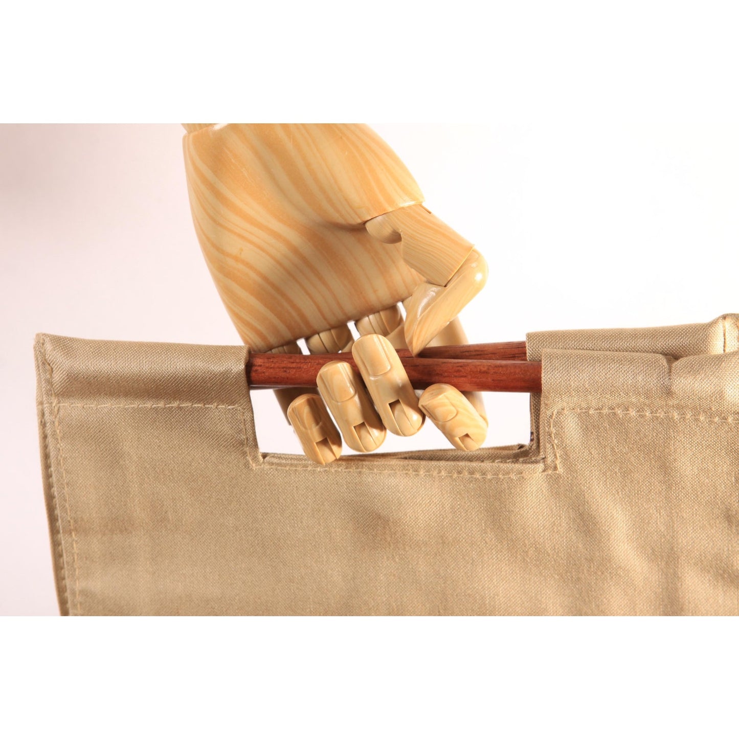 Deadstock 1970s Tan and Brown Novelty Tupperware Advertisement Wood Top Handle Purse Bag