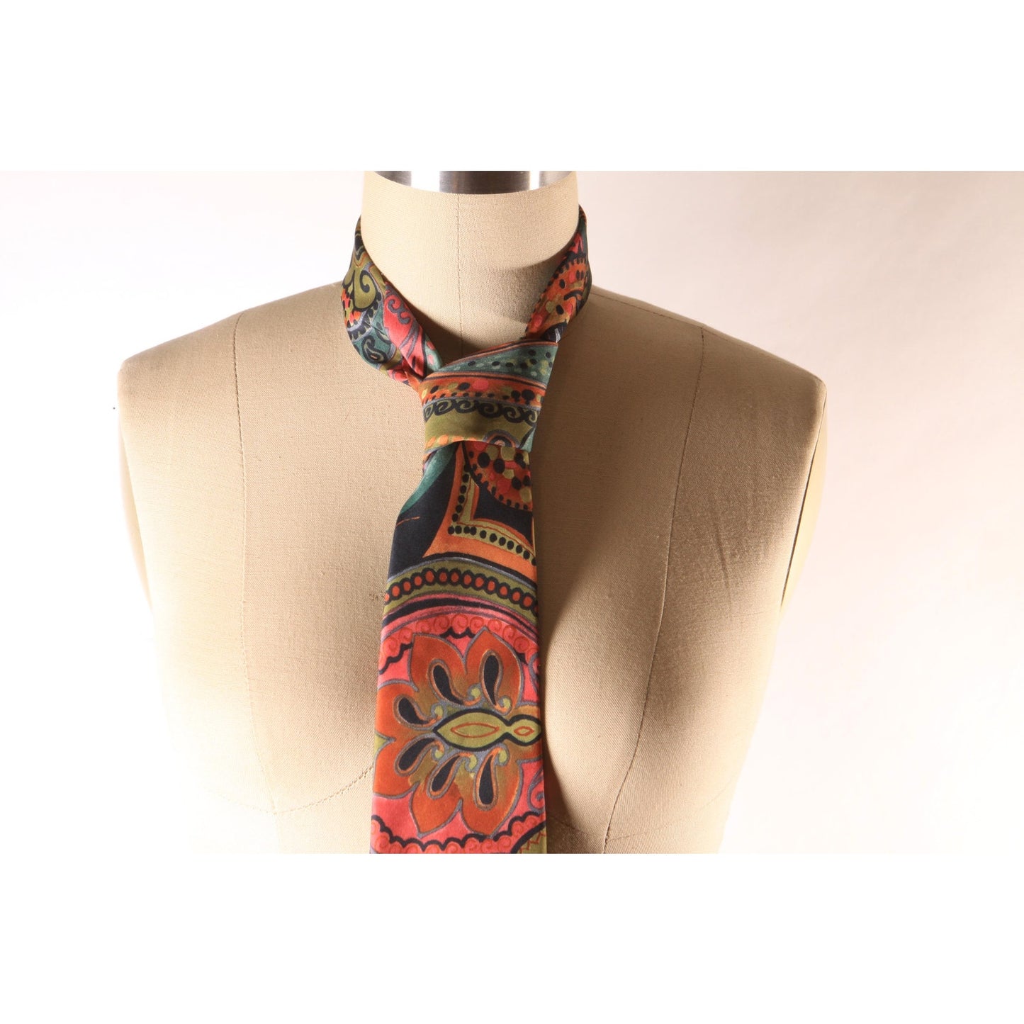 1970s Green, Blue, Pink Multi-Colored Paisley Print Necktie by Antonio Calafatano