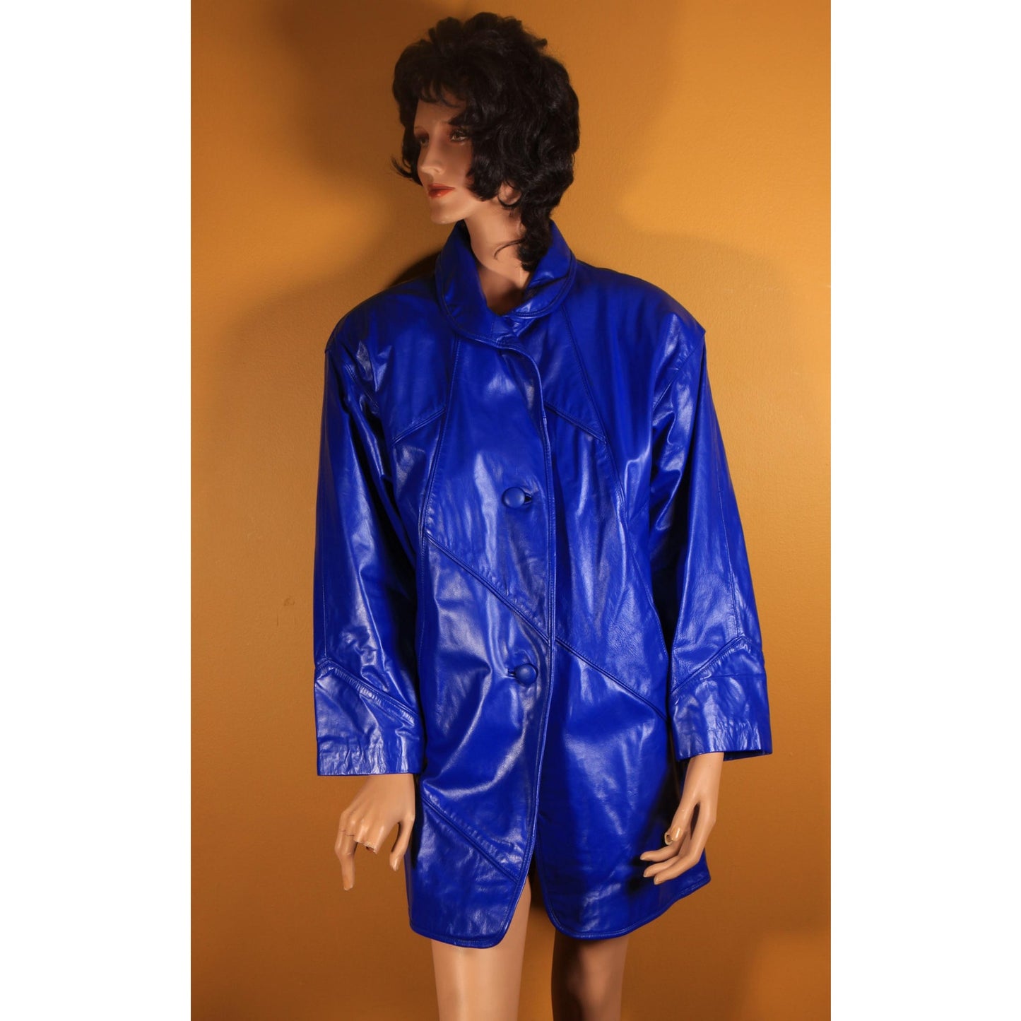 1980s Bright Blue Leather Button Down Long Sleeve Coat by Comint Leather -S