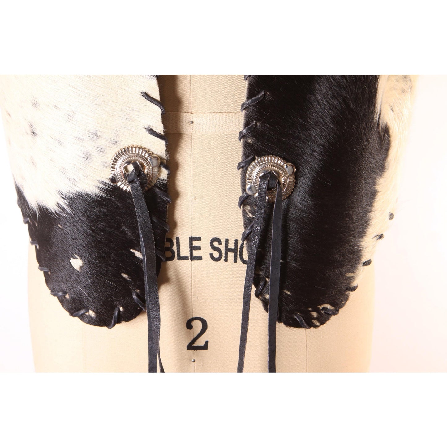 1970s Black and White Cowhide Leather Hair Cow Print Open Front Western Cowgirl Vest