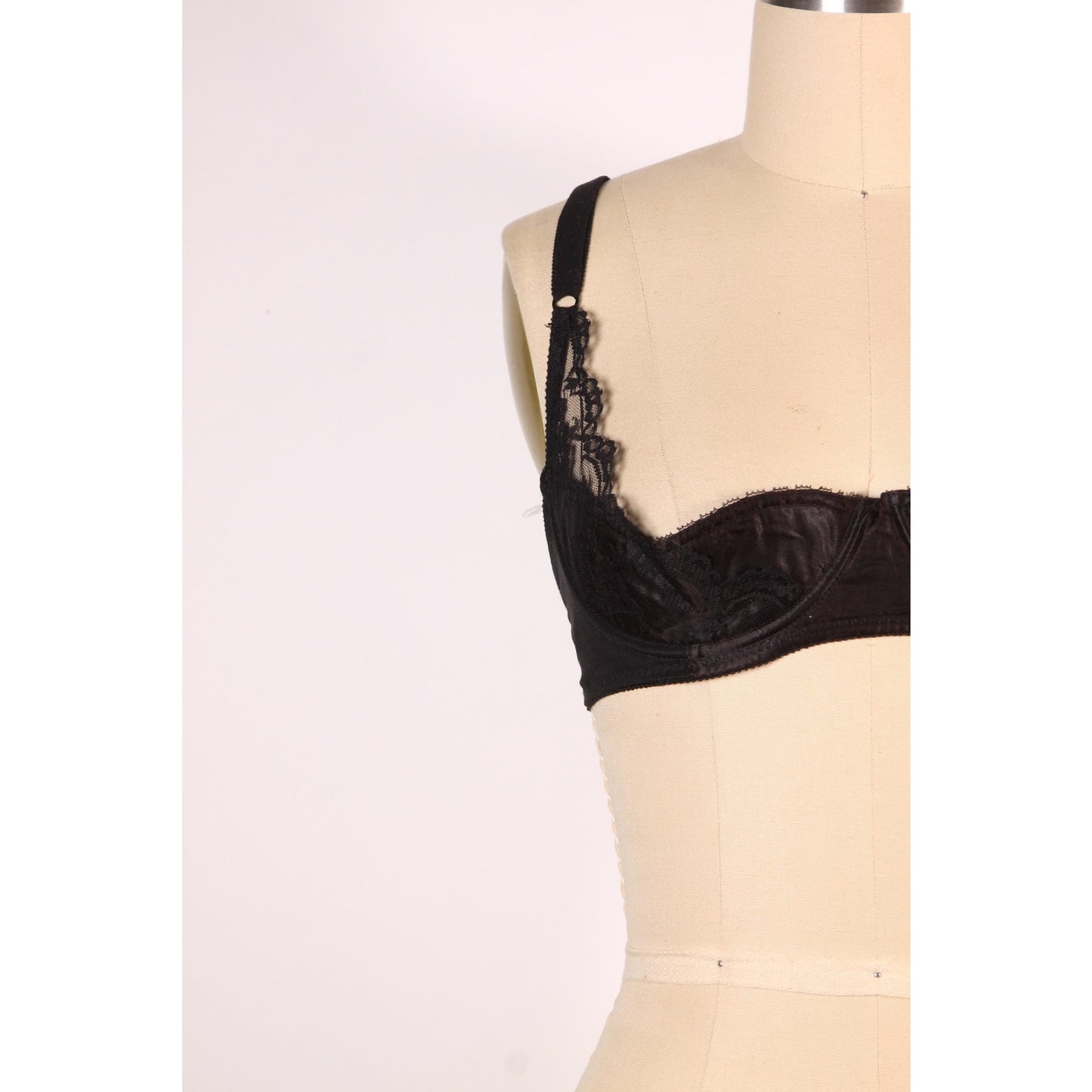 1970s Black Open Cup Lace Trim Shelf Bra by Fredericks of Hollywood-36C