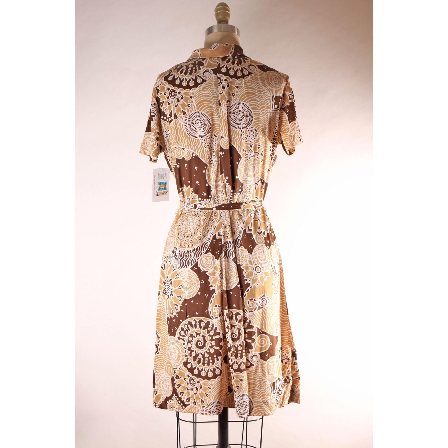 1960s Brown and Tan Psychedelic Abstract Swirl Short Sleeve Belted Dress -XL