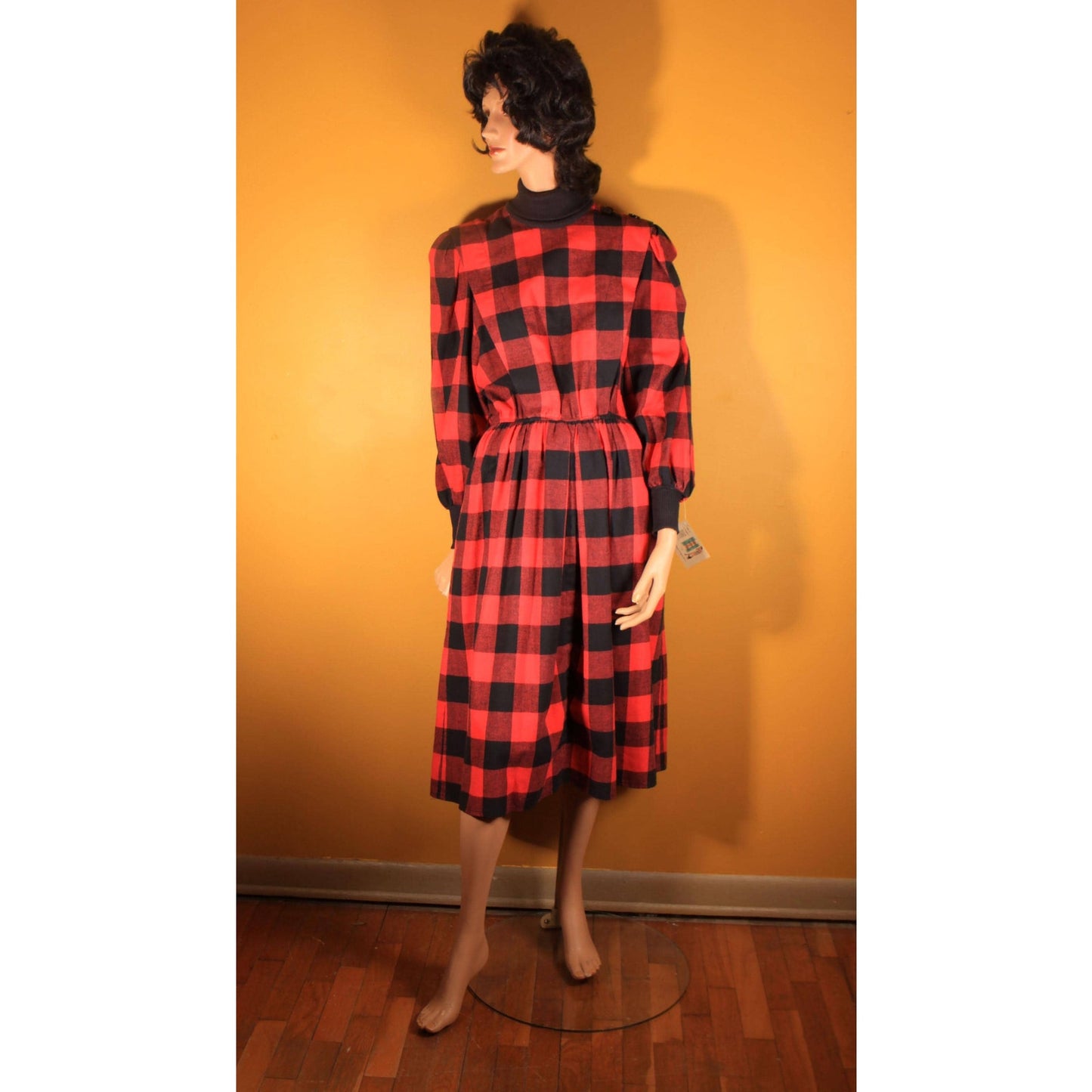 1980s Red and Black Plaid Long Sleeve Winter Dress by Donna Morgan for Non Stop -L-XL