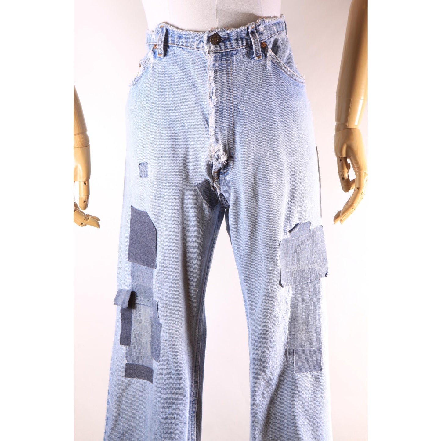 1980s Distressed Patch Fraying Blue Denim Orange Tab 517 Jeans by Levi's -38x30