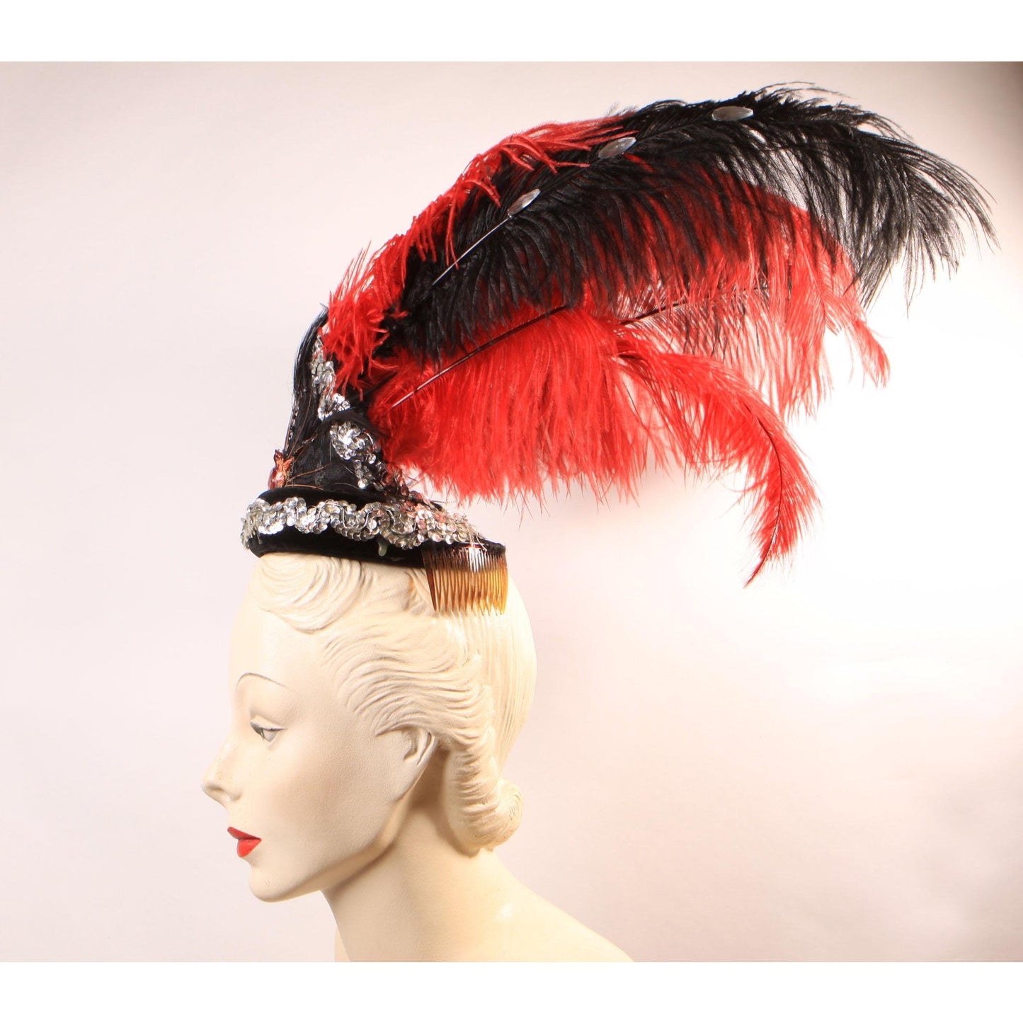 1970s Red and Black Costume Showgirl Burlesque Feather Sequin Headdress Headpiece Hat