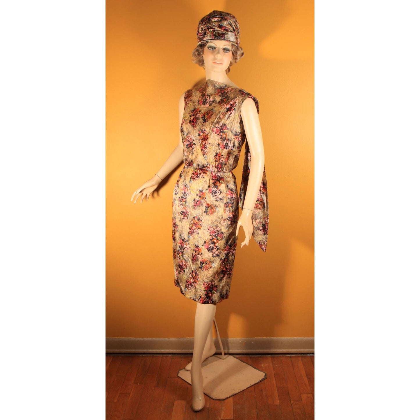 1950s Gray and Purple Floral Waterfall Sash Wiggle Dress with Matching Jacket and Hat Three Piece Outfit by Letizia Fuhr -S